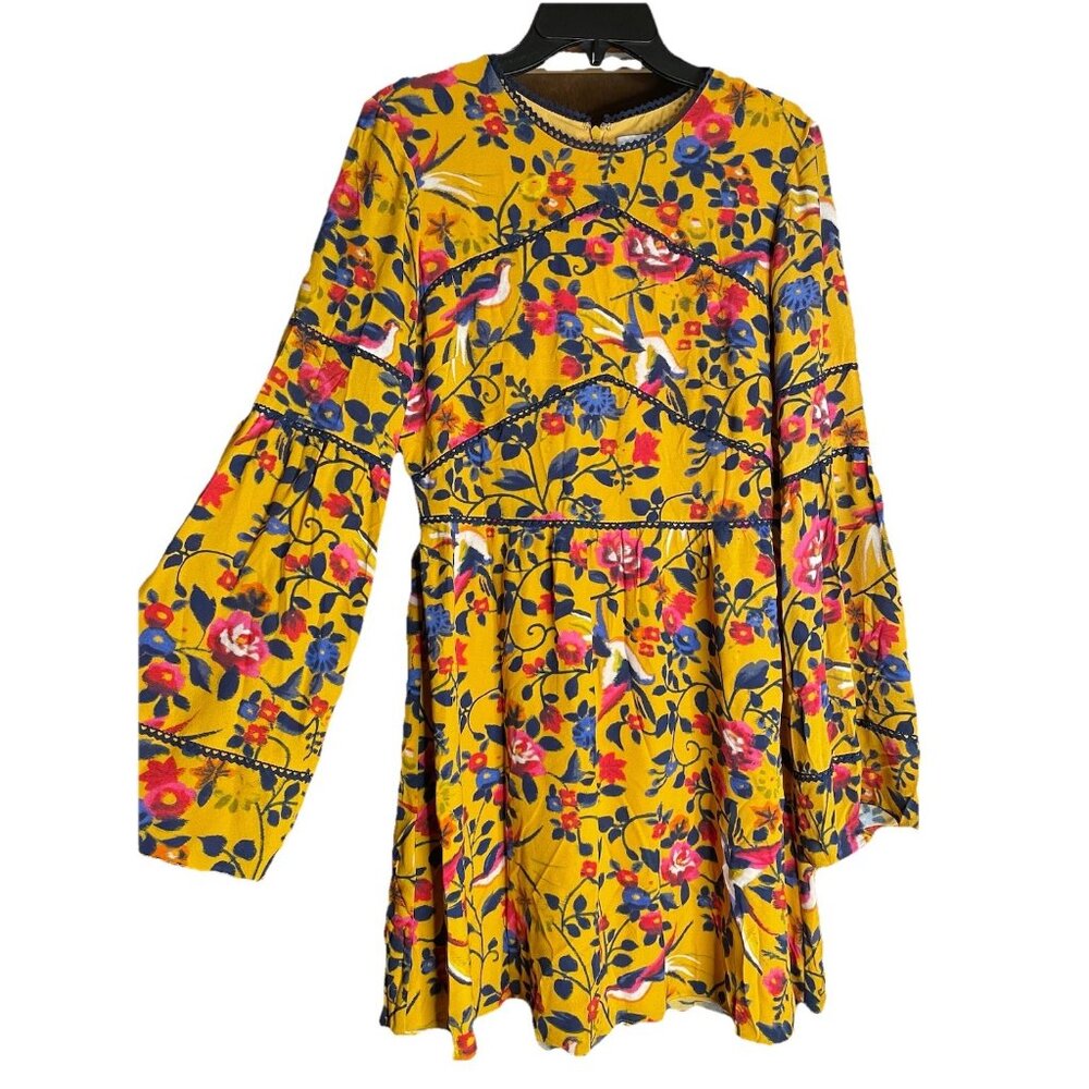 Tanya Taylor 6 100% silk Retro Dress Long Bell Sleeve Floral Bird Boho Y2K 90s